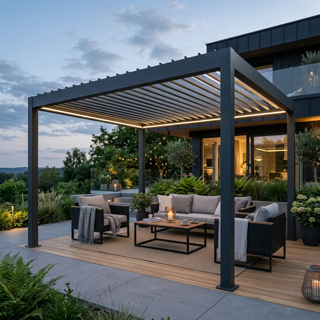 Pérgola bioclimática de 3x4 metros instalada en un jardín de Valencia