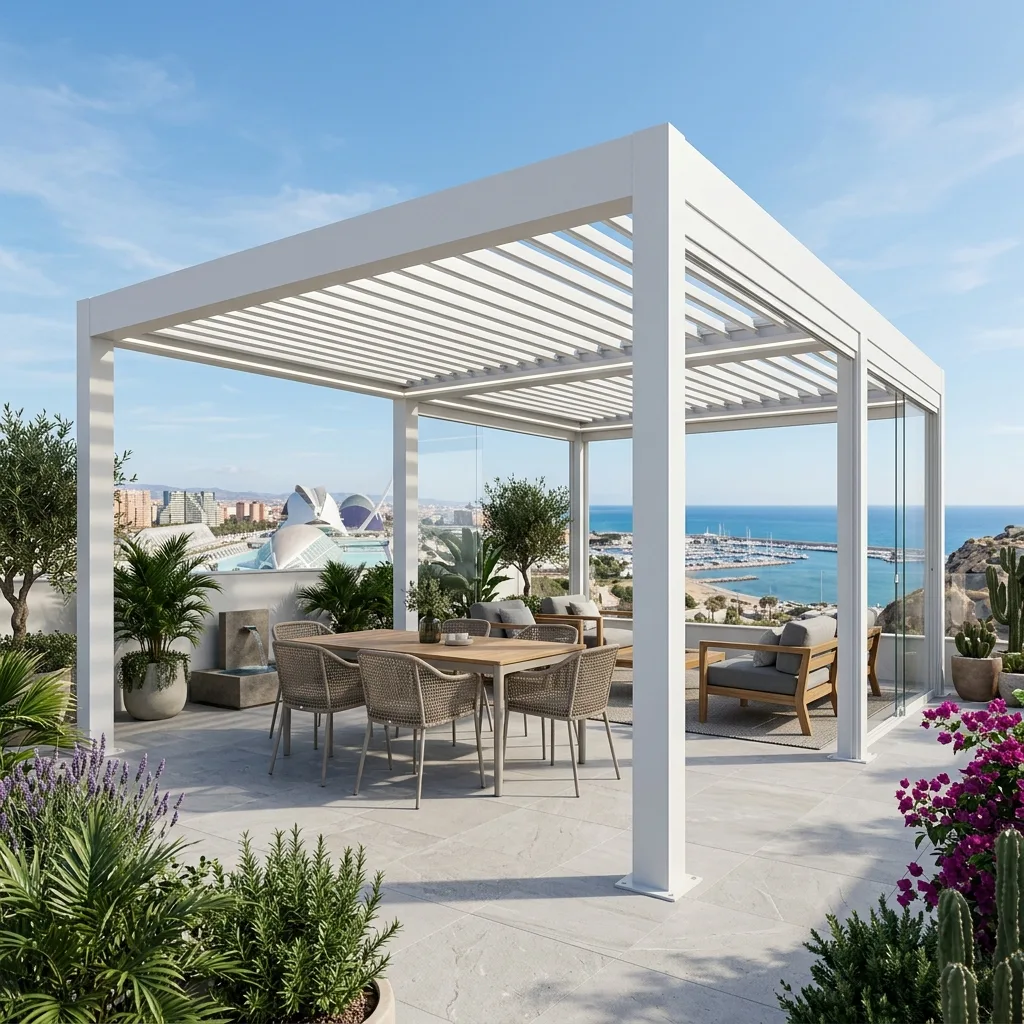Pérgola bioclimática de 3x5 metros (15m2) instalada en un ático panorámico en Valencia
