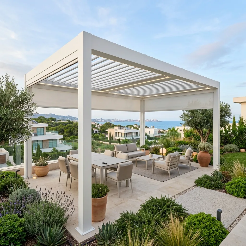 Pérgola panorámica de 5x3 metros instalada en una fachada moderna de Valencia