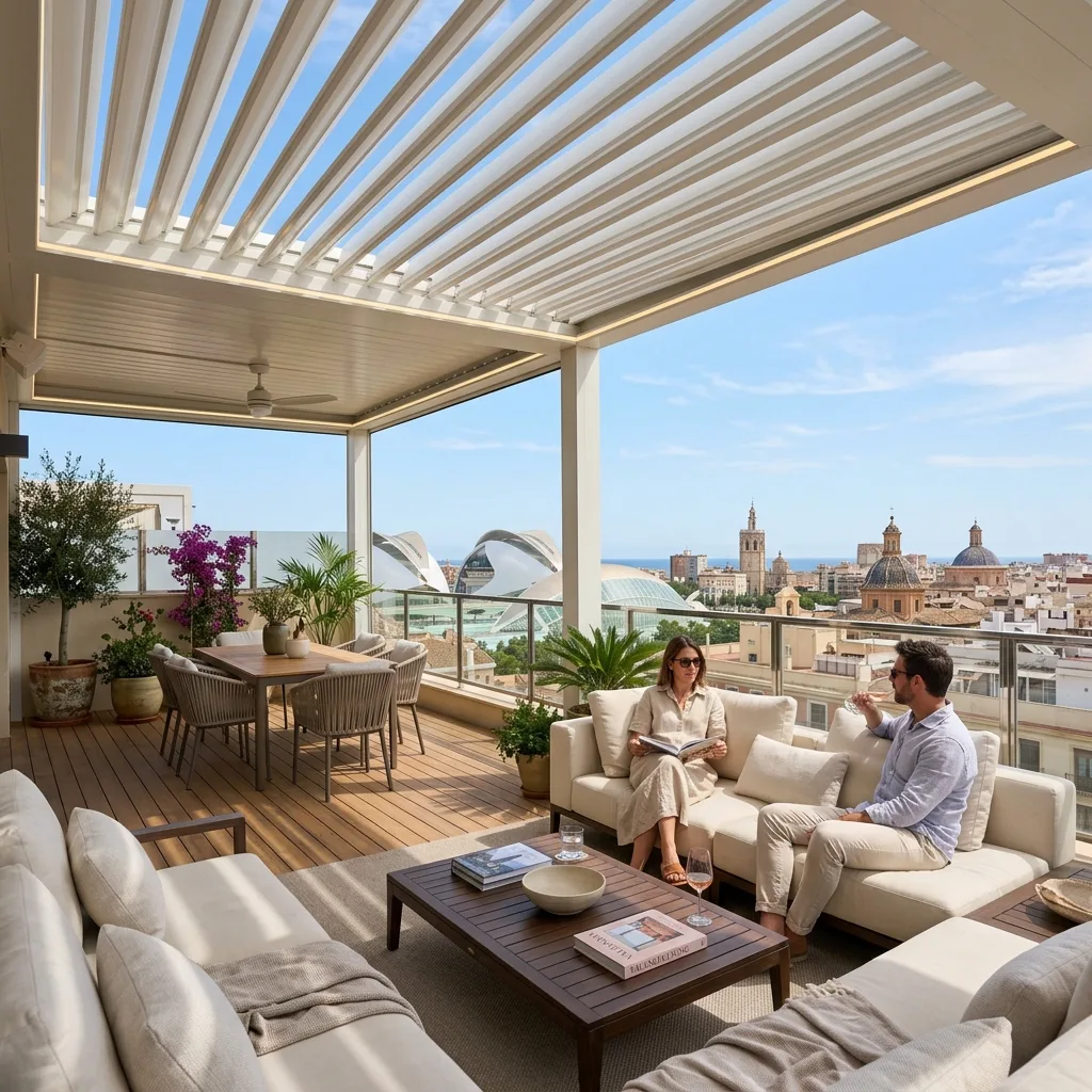 Pérgola bioclimática en terraza de ático en Valencia