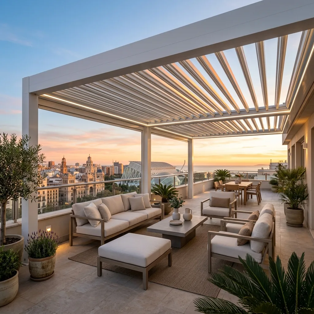 Pérgola bioclimática instalada en una terraza de Valencia, mostrando la inversión de alta calidad