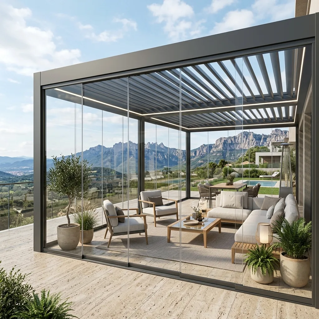 Pérgola bioclimática acristalada con cortinas de cristal en Valencia