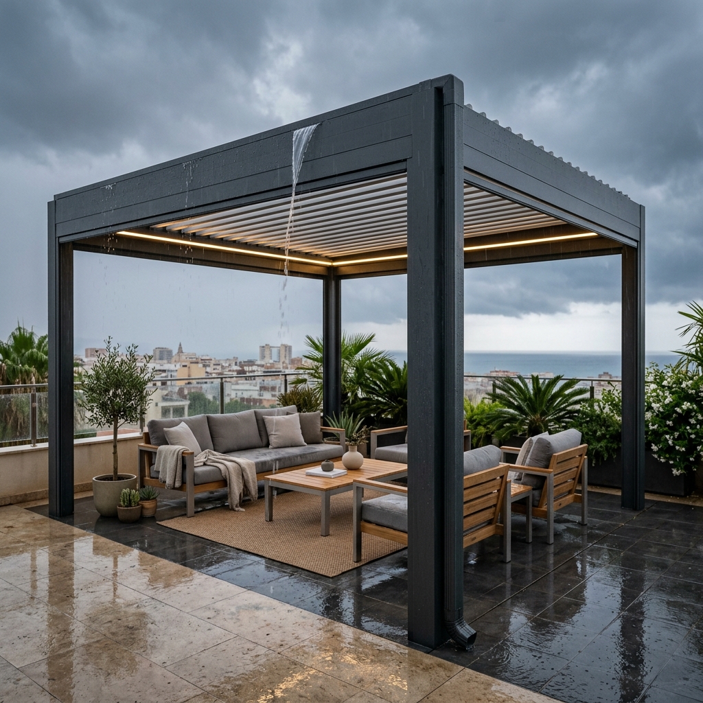 Pérgola bioclimática protegiendo de la lluvia en Valencia