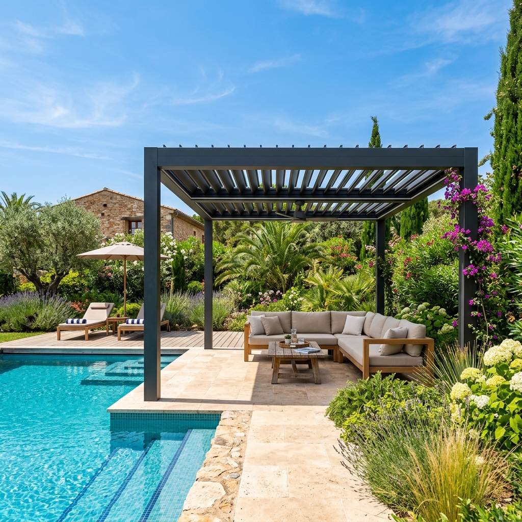 Pérgola bioclimática autoportante en jardín de Valencia