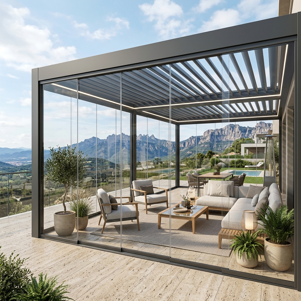 Pérgola bioclimática acristalada con cortinas de cristal en Valencia