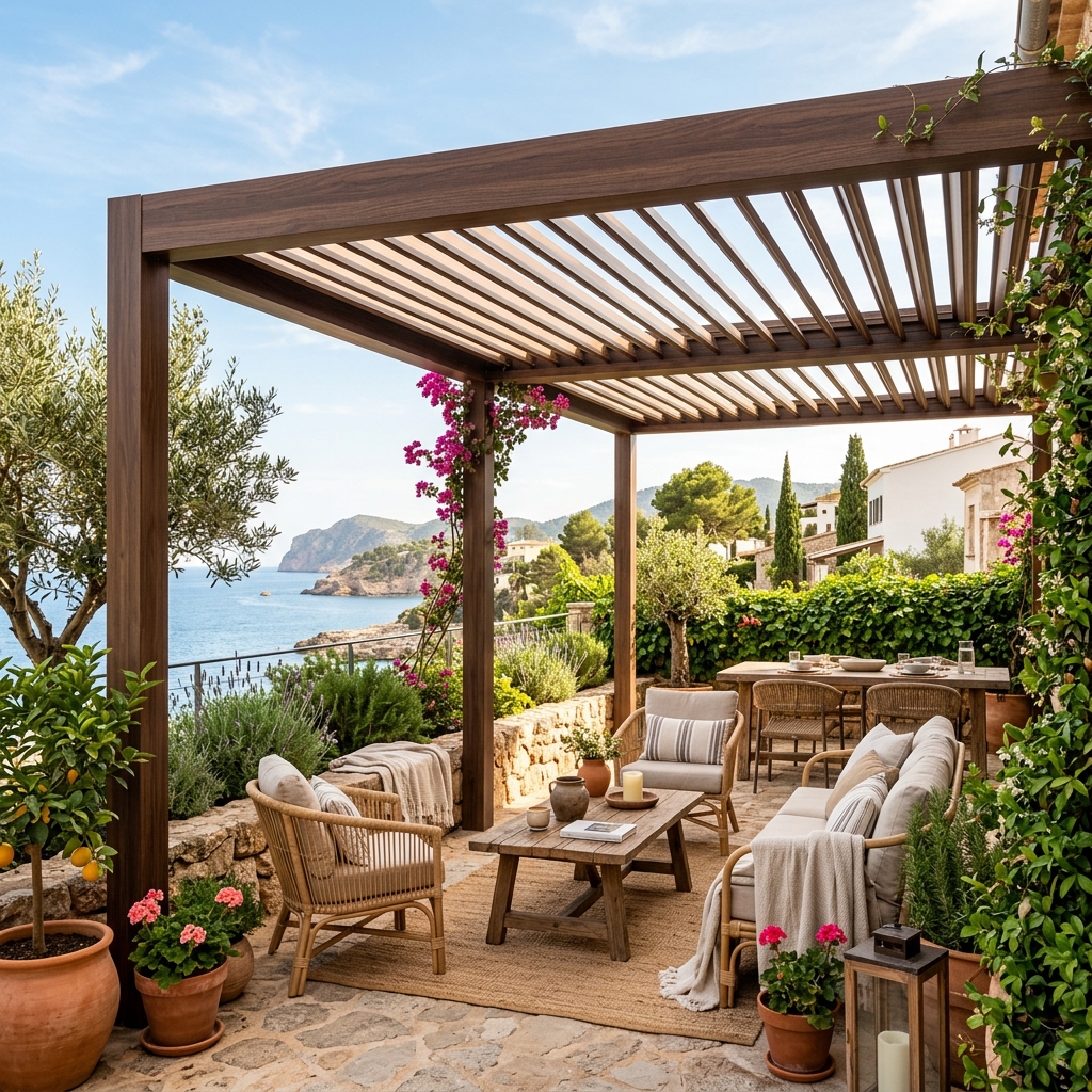 Pérgola bioclimática de madera laminada instalada en Valencia